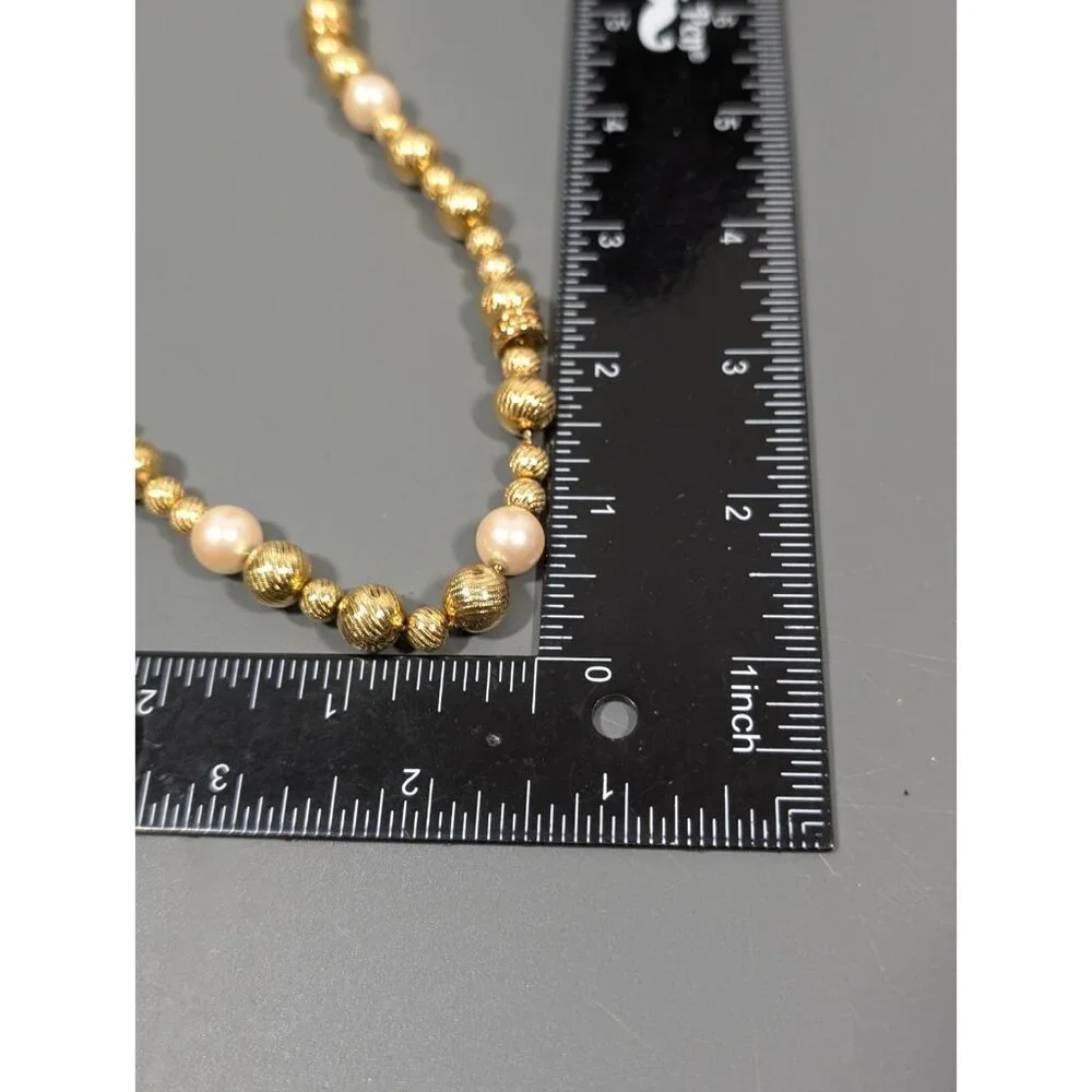 Vintage Monet‎ Gold Tone Ribbed Bead Faux Pearl Necklace Classic MCM 20 in